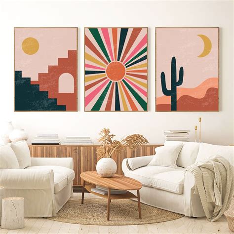 Boho Rising Sun Print Boho Wall Art Mid Century Abstract Etsy