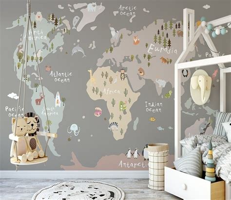 Kids Beige World Map With Animals Kids Wallpaper Animal Wallpaper