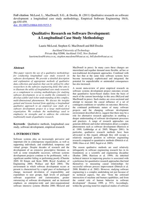 Case studies is a popular research method in business area. (PDF) Qualitative Research on Software Development: A ...