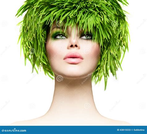 Beauty Woman With Fresh Green Grass Hair Stock Photo Image 43815533