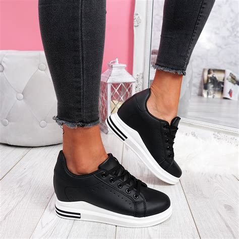 WOMENS LADIES LACE UP WEDGE TRAINERS HEEL SNEAKERS SHINY PARTY WOMEN ...