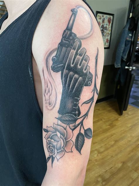 Maybe you would like to learn more about one of these? Rose and Luger by Kevin Collins at Blue Flame Tattoo ...