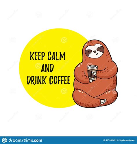 Cute Vector Illustration Funny Cartoon Sloth Drinking Coffee Stock