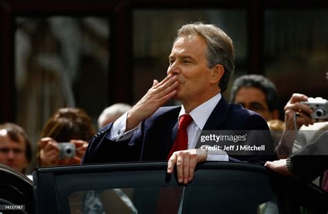 british prime minister tony blair blows a kiss to supporters as he news photo getty images