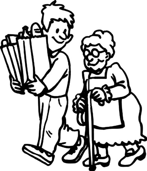 Helping Others By Carrying Elderly Groceries Stuff Coloring Pages : Coloring Sky