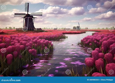 Traditional Netherlands Holland Dutch Scenery With Windmill Along A