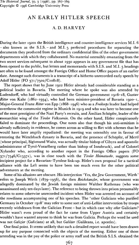 An Early Hitler Speech The Historical Journal Cambridge Core