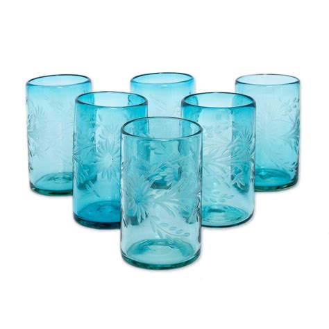 Handmade Blown Glass Aquamarine Flowers Etched Glasses Set Of 6