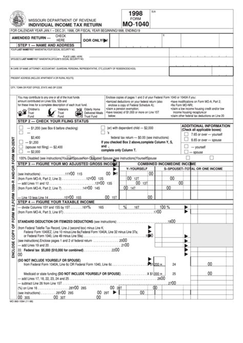 Fillable Form Mo 1040 Individual Income Tax Return 1998 Printable