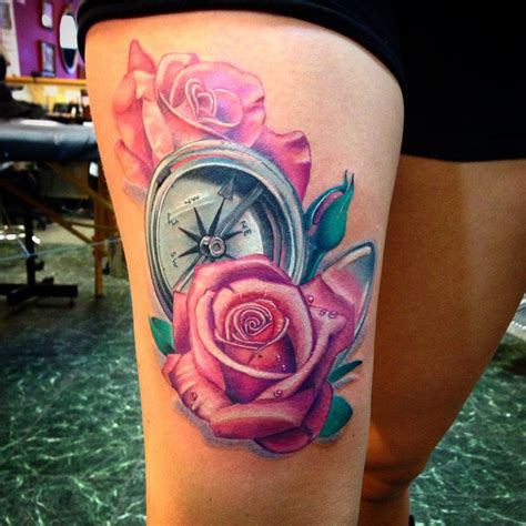 Compass And Pink Roses Tattoo