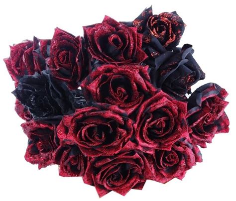 15 Silk Sparkle Glitter Black Roses Long Stem Manic Panic Gothic Punk