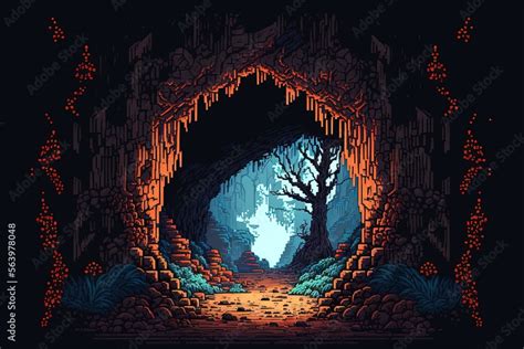 Pixel Art Cave Entrance Natural Tunnel Landscape In Retro Style For 8