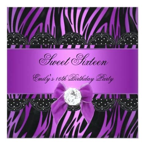 Sweet Sixteen 16 Zebra Purple Black Diamond Invitation Purple Sweet 16 Purple And Black