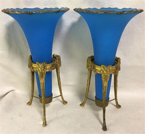 Pair Of Victorian Glass Vases In Bronze Stands