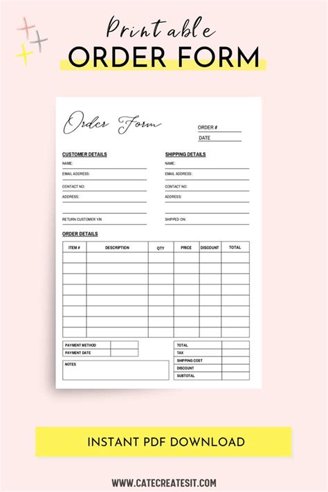 Order Form Template Printable Small Business Order Form Custom Order