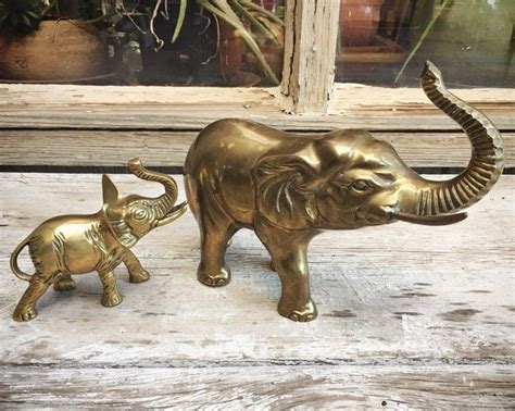 Large Vintage Brass Elephant Statue Trunk Up Lucky Feng Shui Shelf