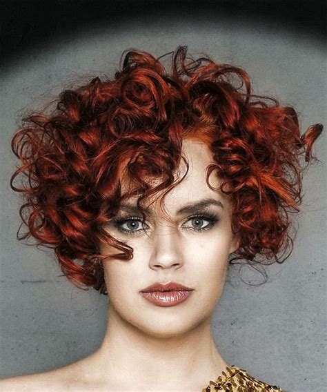 Short Curly Dark Red Hairstyle With Layered Bangs In 2020 Curly Hair