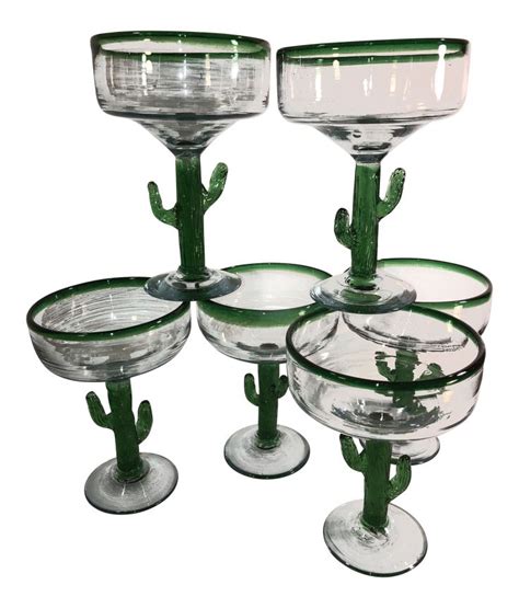 Rustic Mexican Margarita Hand Blown Glasses With Cactus Stem Set Of 6 On Hand