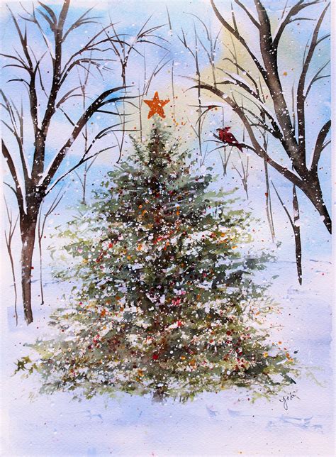 Woodland Christmas Tree Watercolor Print Christmas Painting Etsy
