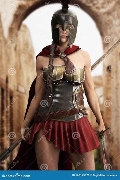 Heroic Spartan Female Stands Ready For Battle Equipped With A Spear And