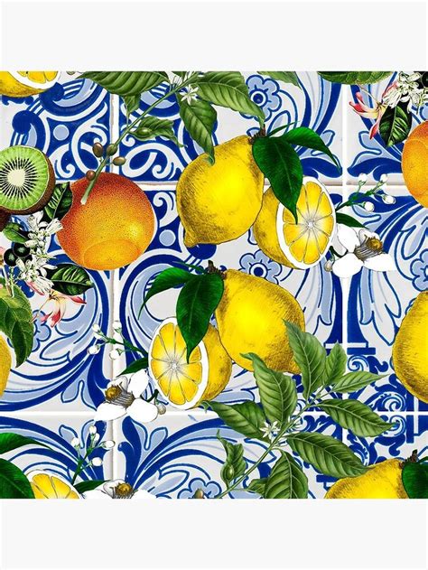 Mediterranean Lemon On Blue Ceramic Tiles Throw Pillow For Sale By