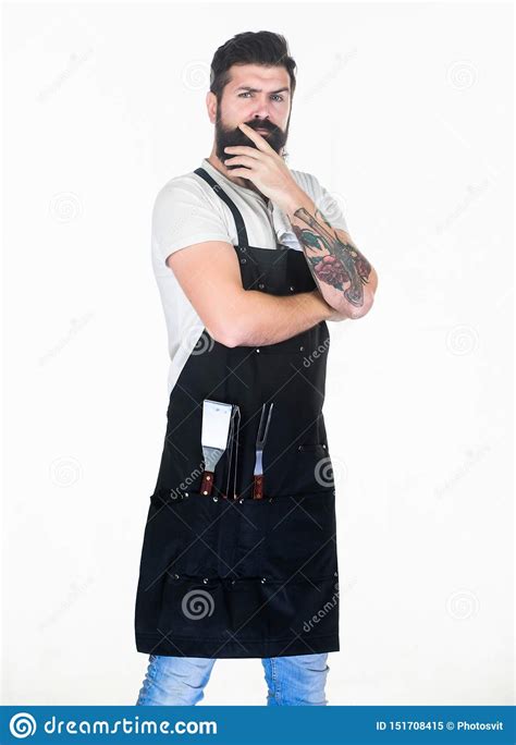 Cooking Food On Grill Using A Barbecue Set Grill Cook Bearded Man Wearing Apron With Grill
