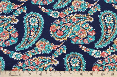 Teal And Coral Paisley On Navy Double Brushed Poly Knit Remnant