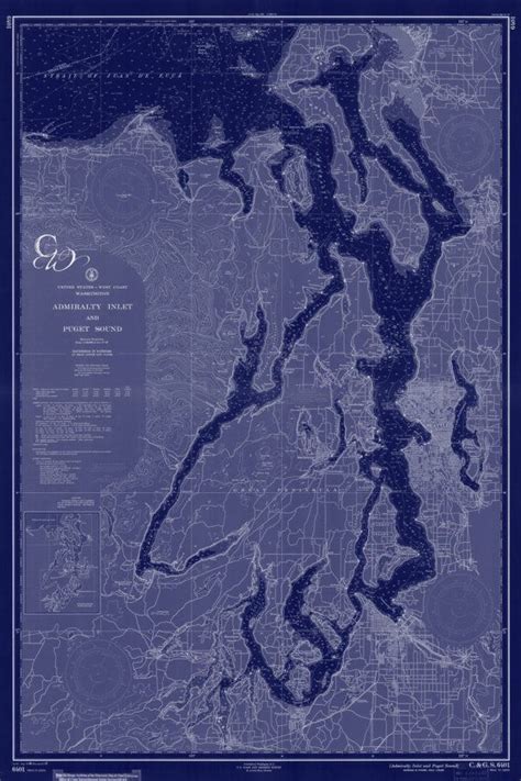 Puget Sound Washington State Nautical Chart Map 1956 Dark Blue Etsy