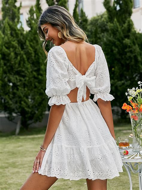Simplee Lace Up Hollow Out Knot Summer White Dress Women Holiday Casual High Waist Ruffled Mini