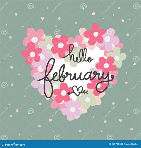 Hello February Word And Pink Flower Heart Frame Cartoon Vector