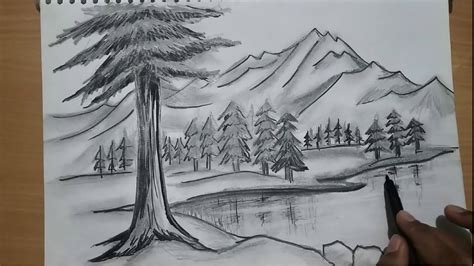 How To Draw Nature Mountain Scenery With River And Trees Youtube