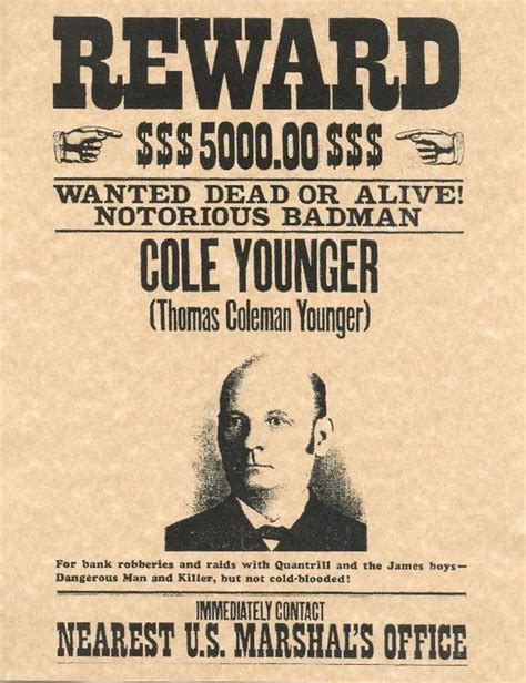 Cole Younger Old West Wanted Poster Old West Outlaws Old West Wild West