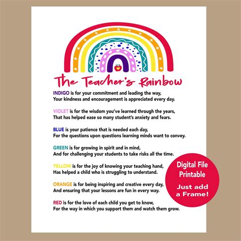 Teacher Rainbow Poem Elementary Teacher Appreciation Printable