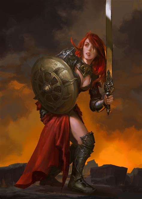 Women Fantasy Girl Fantasy Art Artstation Artwork Redhead Girls With Swords Shield Weapon