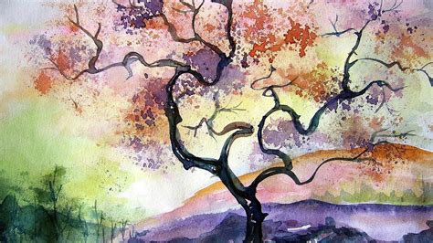 Painting Watercolor Artwork Warm Colors Nature Landscape Trees