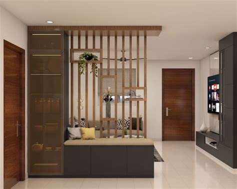 Spacious Foyer Design With A Wooden Partition Livspace