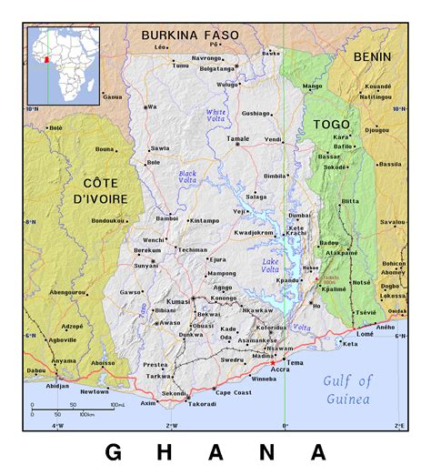 It is bordered by cote d'ivoire, burkina faso, togo and gulf of guinea. Detailed political map of Ghana with relief | Ghana | Africa | Mapsland | Maps of the World