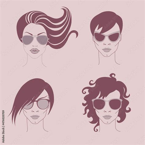 Four Line Art Illustrations Of Beautiful Women Wearing Sunglasses Vector De Stock Adobe Stock