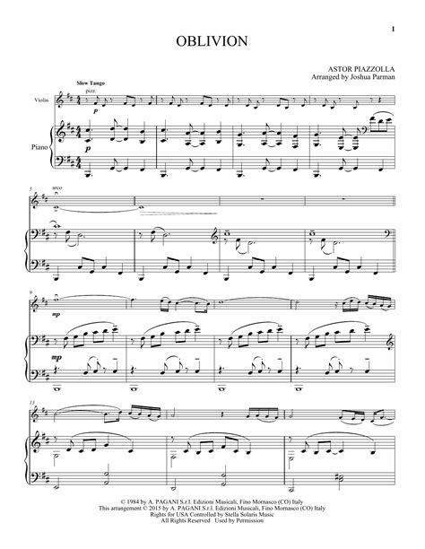 Oblivion Sheet Music Astor Piazzolla Violin And Piano