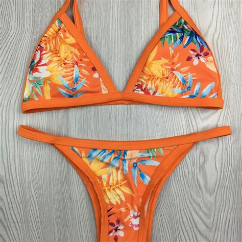 Womens Sexy Print Halter Orange Triangle Brazilian Bathing Beachwear Bikinis Sets Biquini