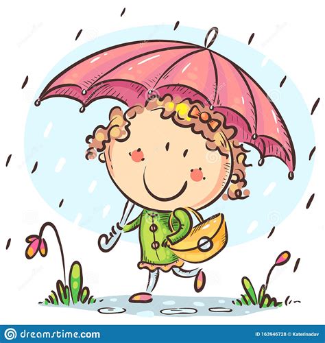 Girl With An Umbrella Walks In The Rain Stock Vector Illustration Of