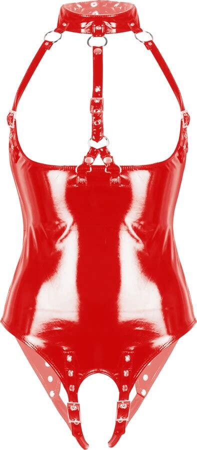 Inlzdz Womens Wetlook Pvc Leather Leotard Open Chest Halter Neck Bodysuit Nightwear Sexy Teddy