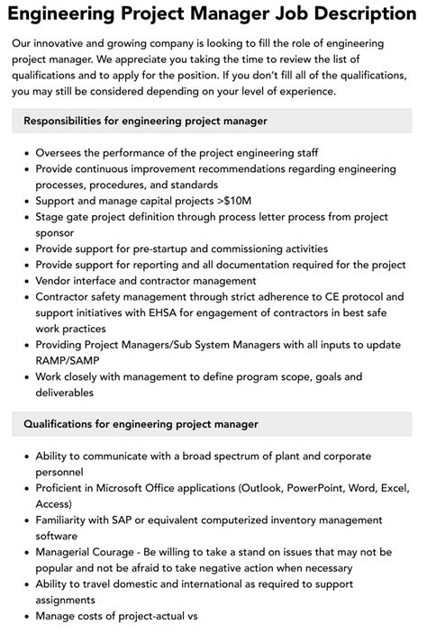 Engineering Project Manager Job Description Velvet Jobs