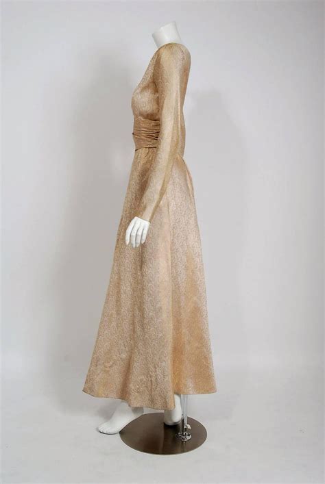 Vintage 1977 Givenchy Haute Couture Metallic Gold Silk Long Sleeve Plunge Gown For Sale At 1stdibs