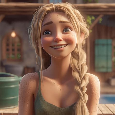 Chica De Estilo Pixar De Dibujos Animados Con El Pelo Largo Y Rubio En La Piscina Foto Premium