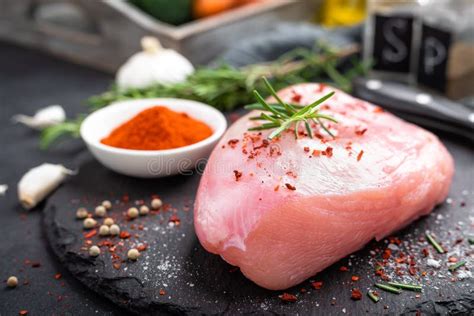 Fresh Raw Turkey Meat Fillet With Ingredients For Cooking On Board