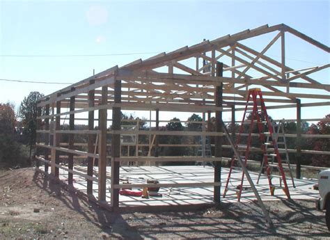 The article includes layout, materials and cost list, diagrams, stringers and trusses. Pole Barn