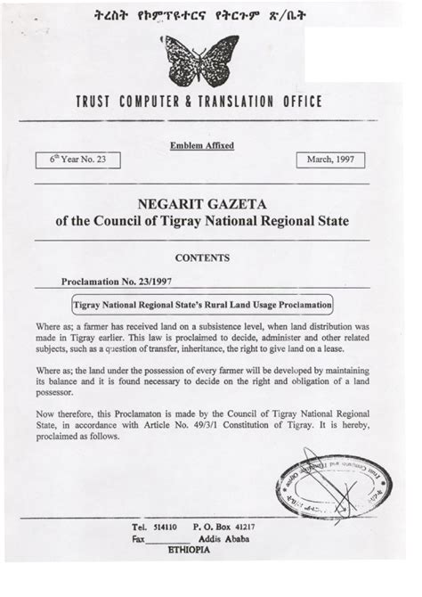 Tigray National Regional State S Rural Land Usage Proclamation No