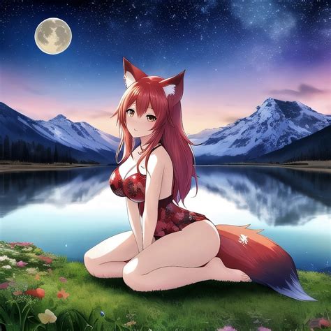 Anime Red Fox Girl Kneeling By The Lake Under The Moon Etsy