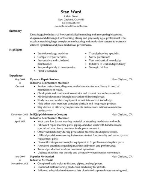 Start editing this diesel mechanic resume sample with our online resume builder. Industrial Maintenance Mechanic Resume Examples {Created ...